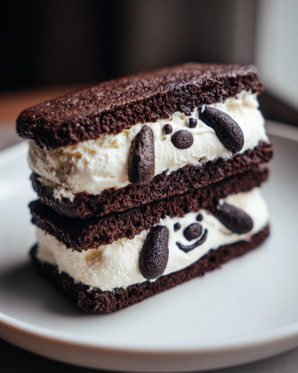 Two stacked Snoopy ice cream sandwiches featuring chocolate wafers and vanilla ice cream with Snoopy's face.