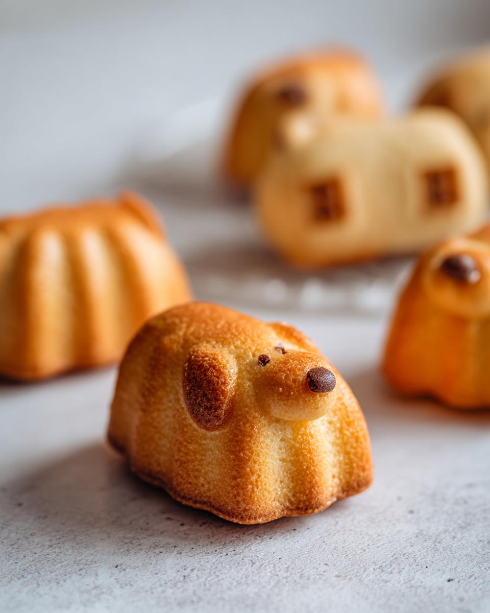 Close-up of a Snoopy madeleine, shaped like Snoopy, with other doghouse and Snoopy madeleines in the background.