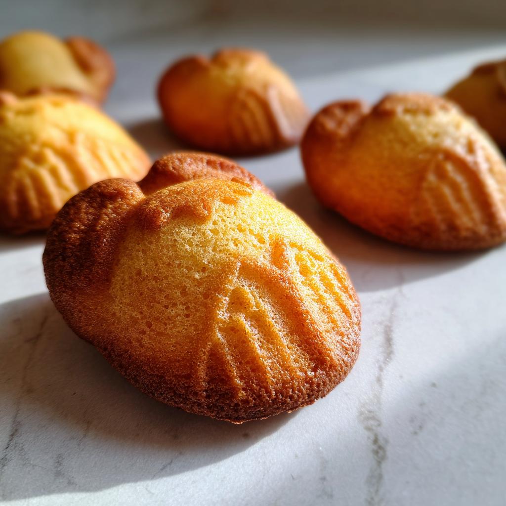 Close-up of several golden brown Snoopy madeleines on a marble surface, showcasing their shell-like shape.