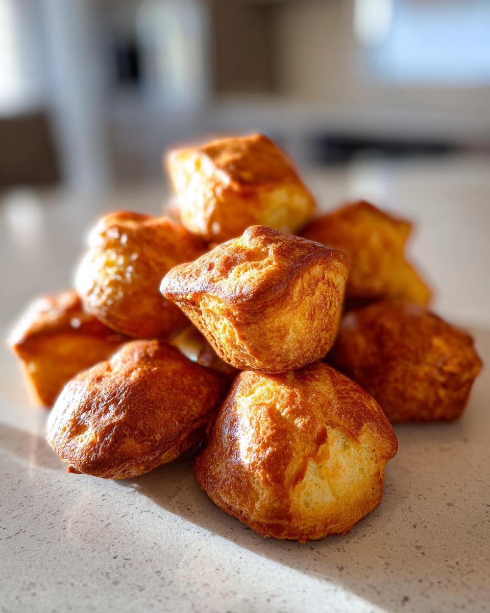 A stack of golden brown Snoopy madeleines, baked in the shape of doghouses, sit on a countertop.