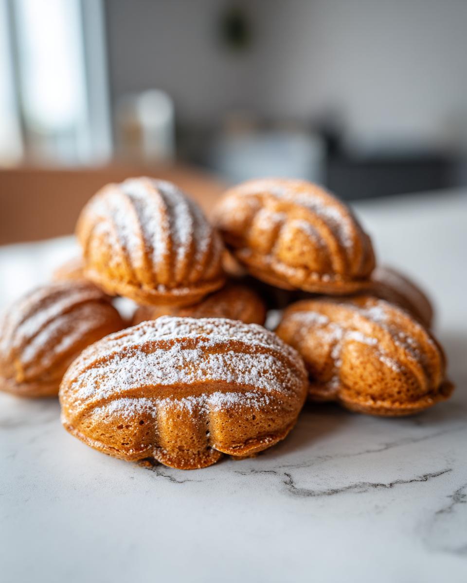 A stack of Snoopy Madeleines dusted with powdered sugar, shaped like doghouses.