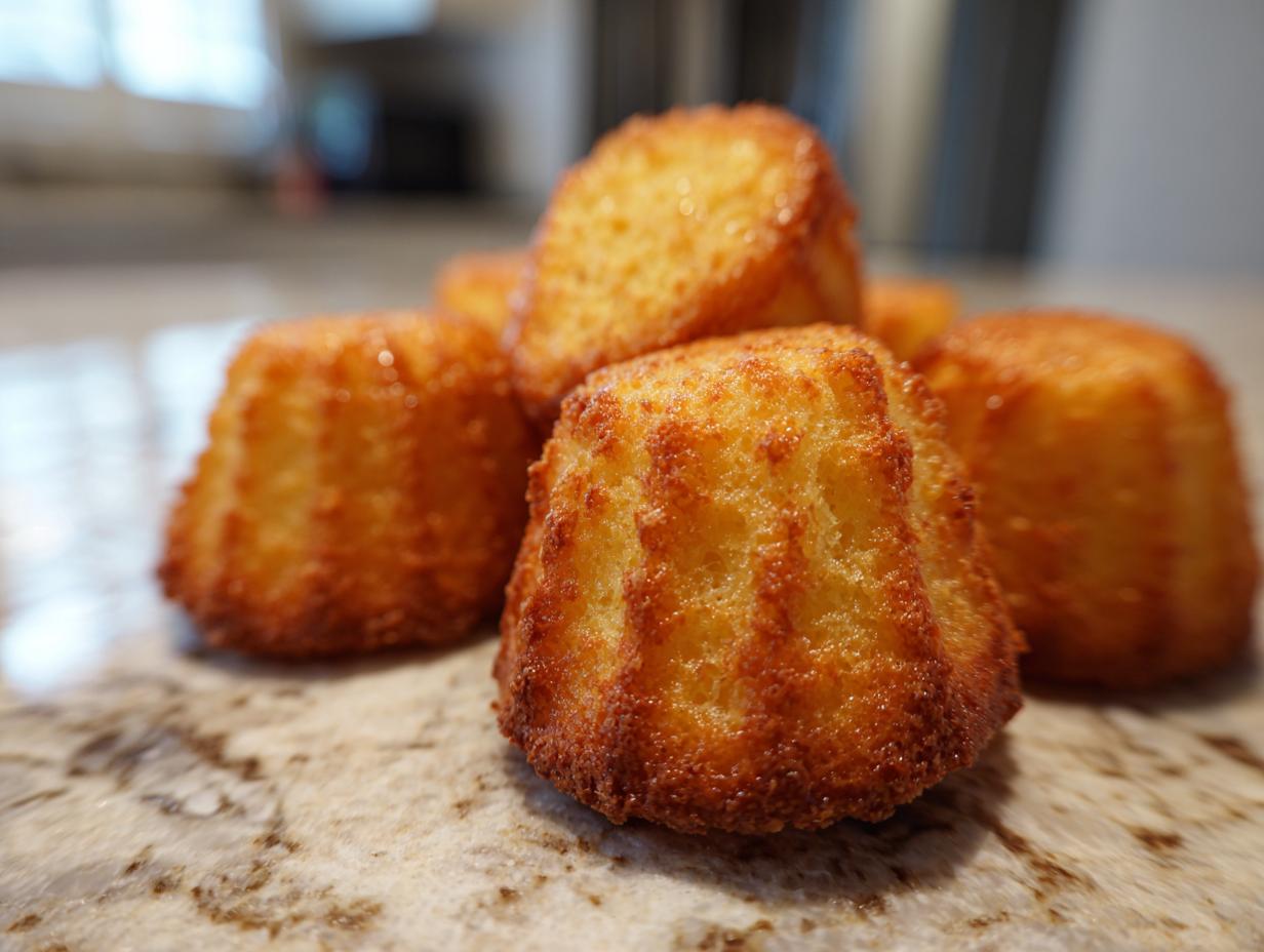 Close-up of golden brown Snoopy madeleines stacked on a marble surface, showcasing their unique shape.