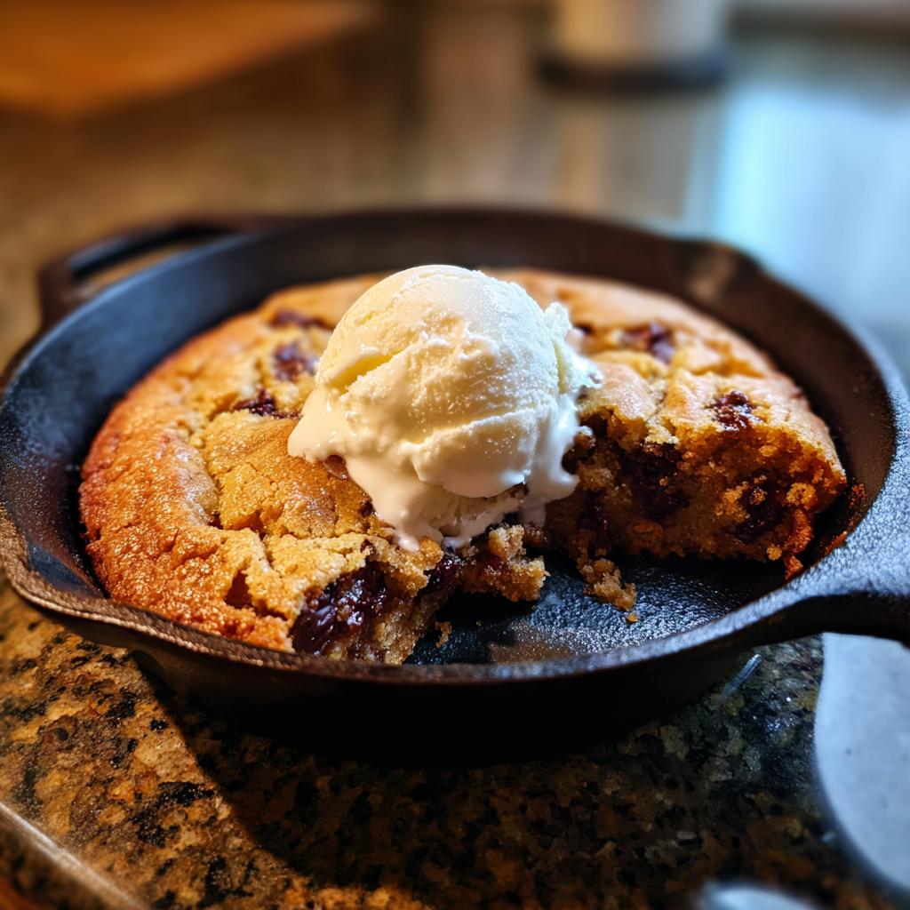 A warm Snoopy skillet cookie topped with a scoop of vanilla ice cream, served in a cast iron skillet.