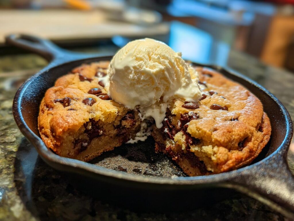 A delicious Snoopy skillet cookie in a cast iron pan, topped with a scoop of melting vanilla ice cream.