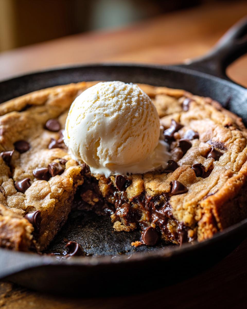 A warm Snoopy skillet cookie in a cast iron pan, topped with a scoop of vanilla ice cream and chocolate chips.