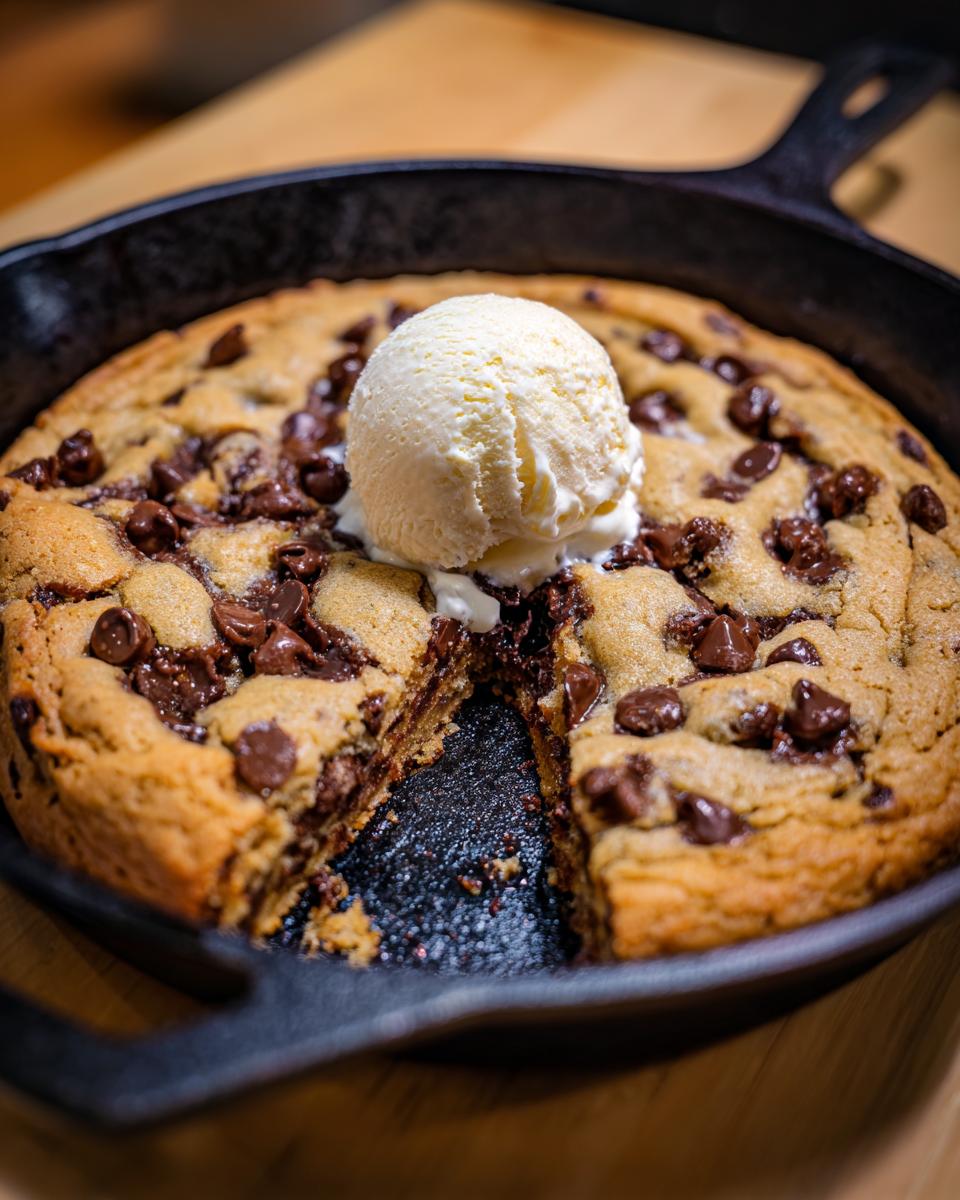 A warm Snoopy skillet cookie in a cast iron pan, topped with a scoop of vanilla ice cream. A slice has been removed.