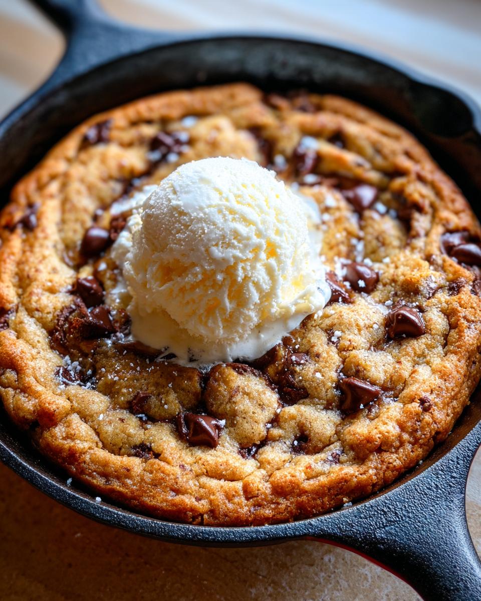 A warm Snoopy skillet cookie topped with a scoop of vanilla ice cream and chocolate chips in a cast iron skillet.