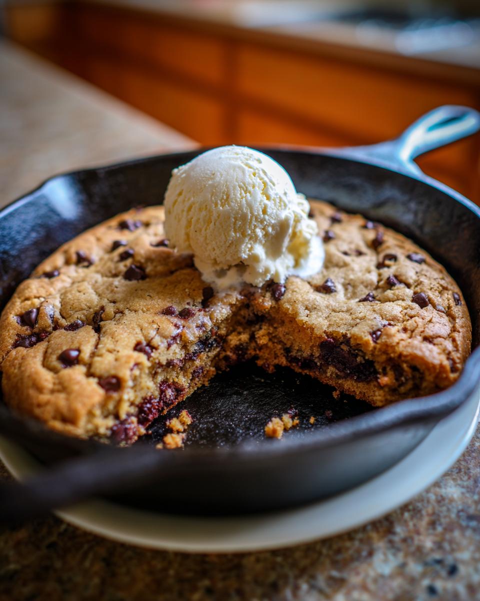A delicious Snoopy skillet cookie in a cast iron pan, topped with a scoop of vanilla ice cream.