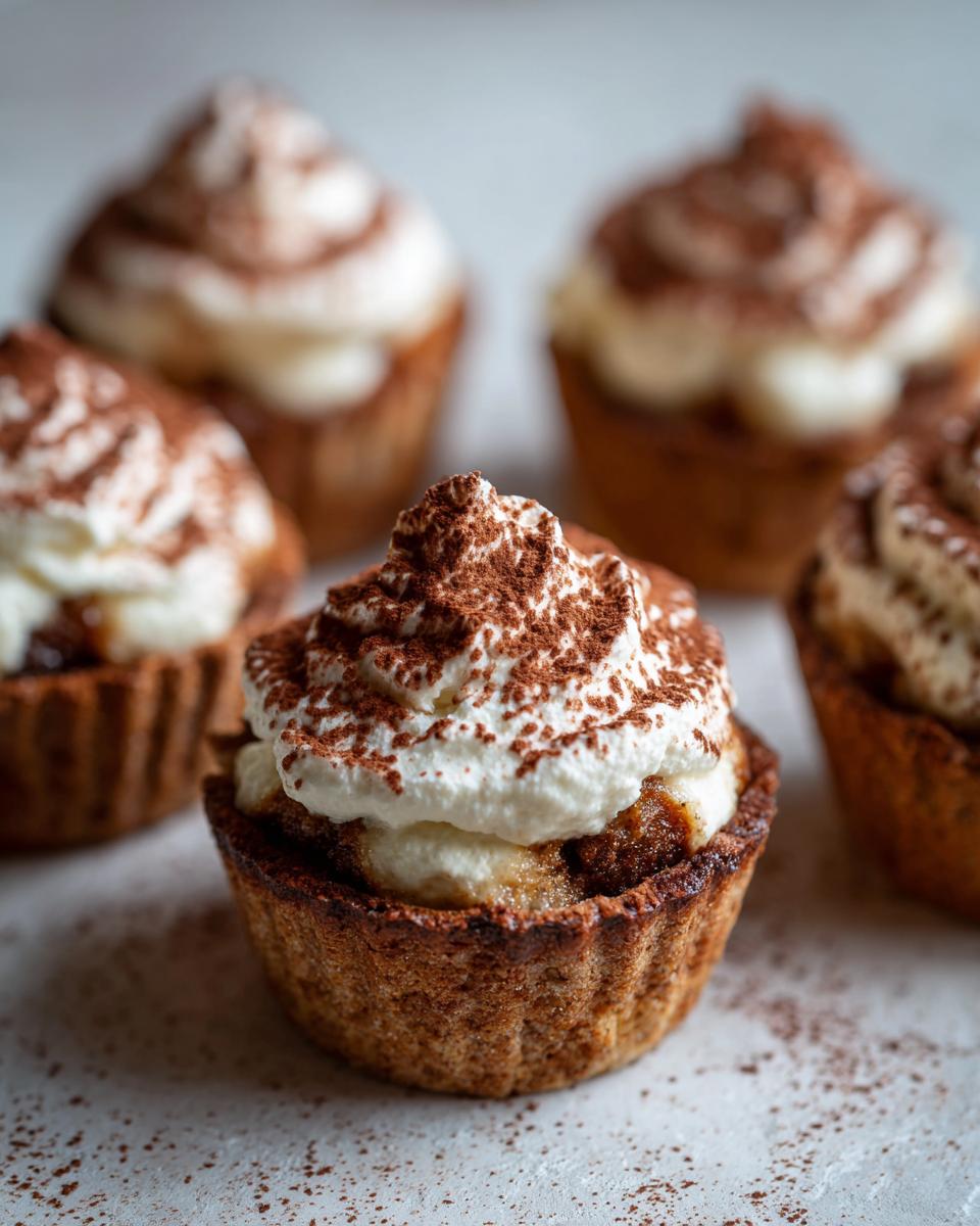 Close-up of homemade Snoopy tiramisu cups topped with cream and cocoa powder.
