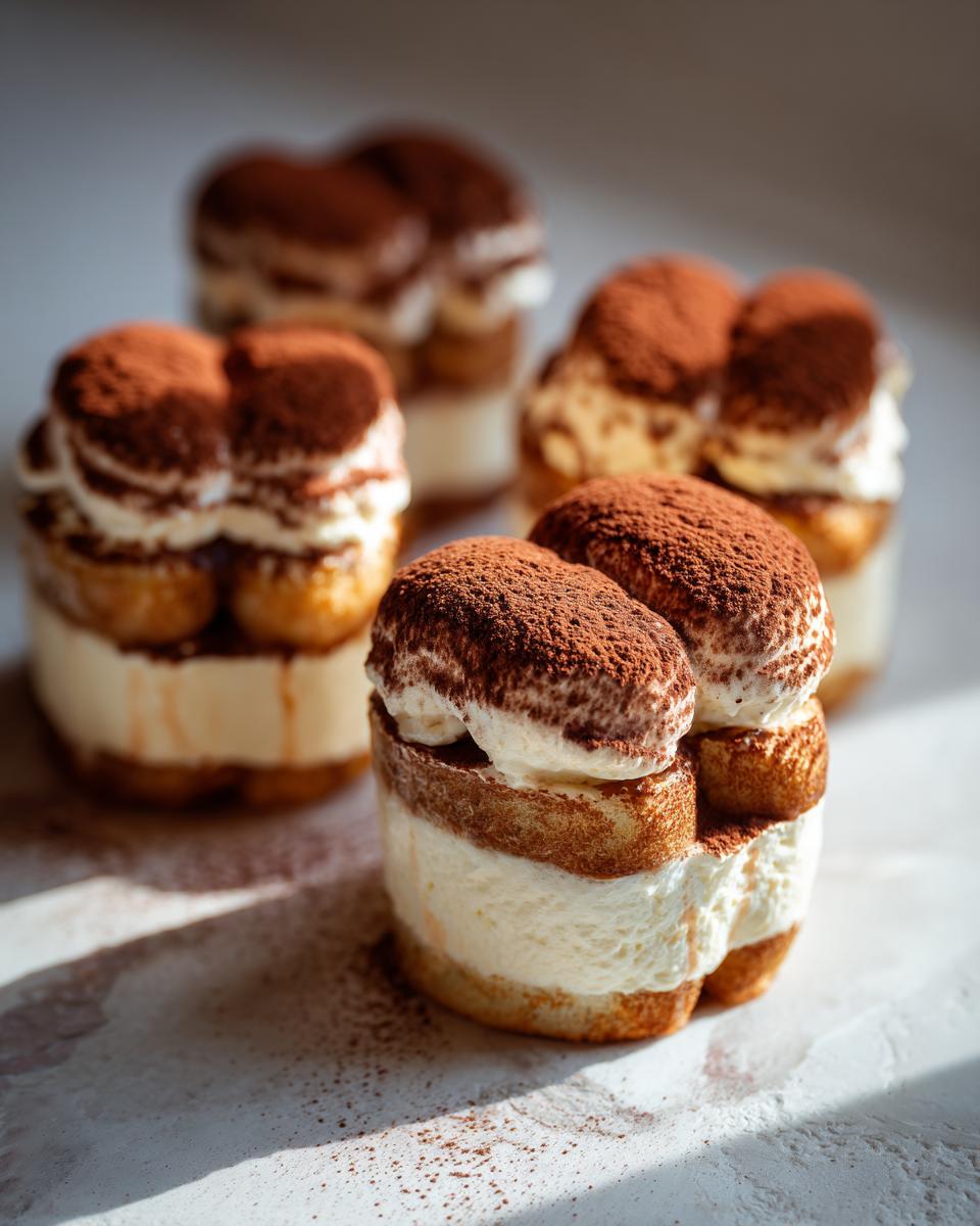 Four Snoopy tiramisu cups dusted with cocoa powder, showcasing layers of cream and ladyfingers.