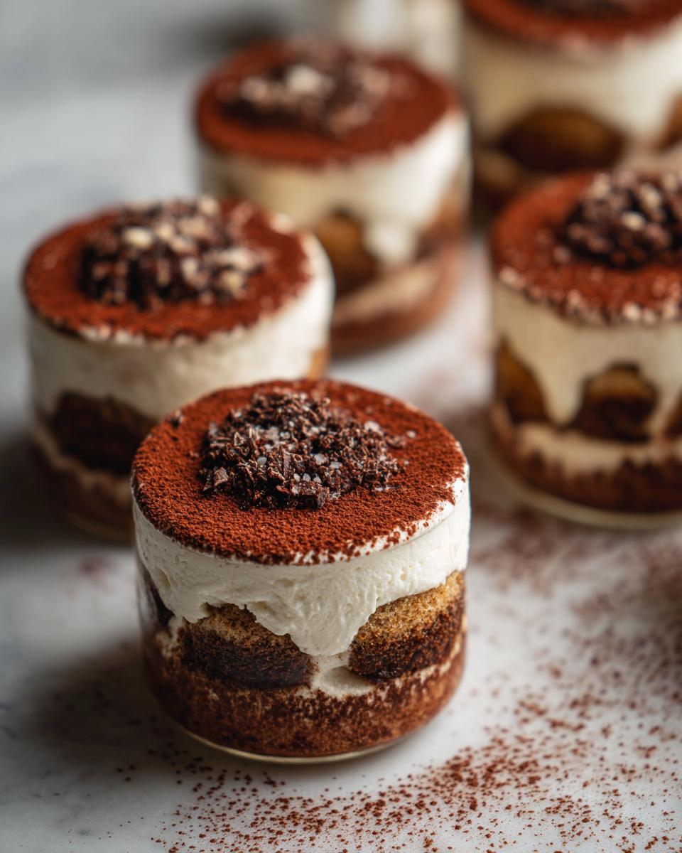 Several Snoopy tiramisu cups, topped with cocoa powder and chocolate shavings, on a white surface.