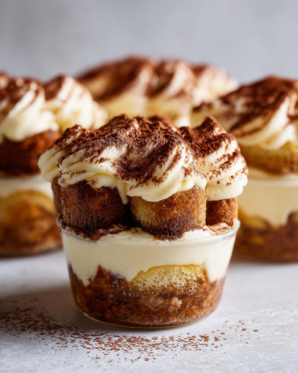 Close-up of several Snoopy tiramisu cups with layers of ladyfingers, cream, and cocoa powder.