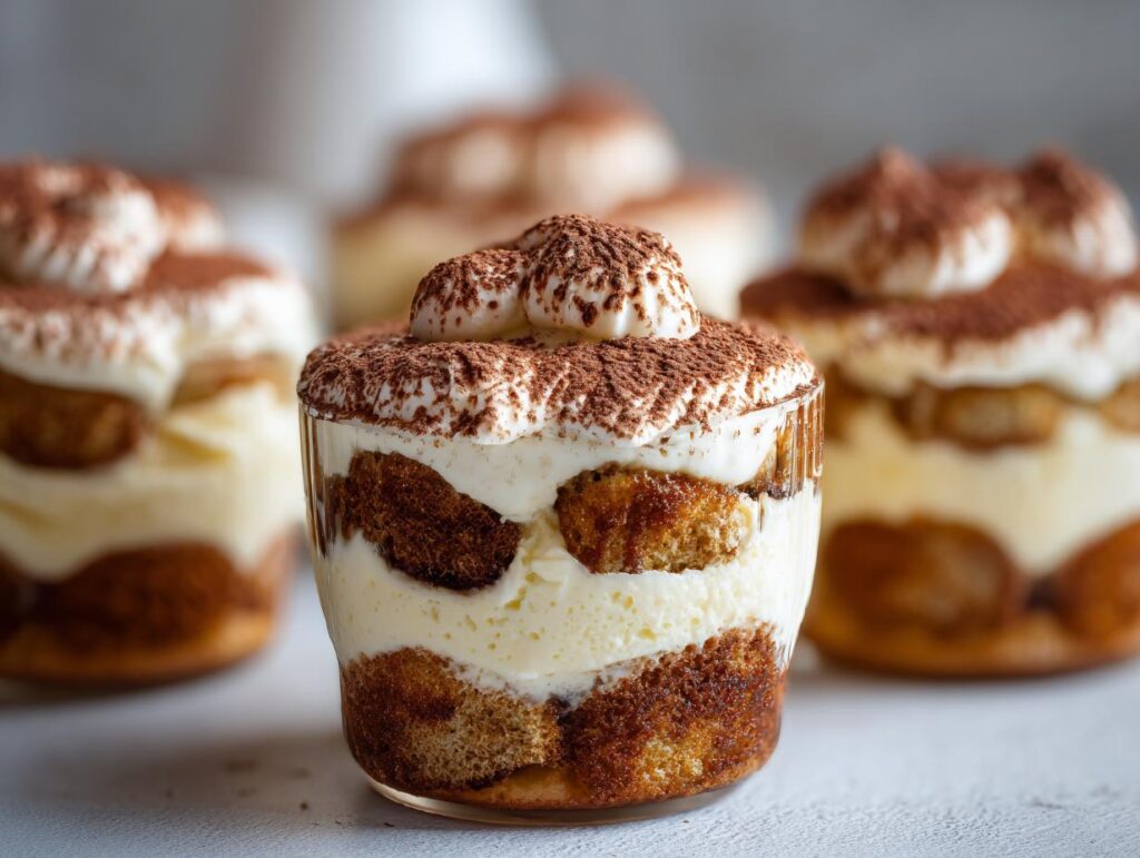 Close-up of Snoopy Tiramisu Cups, layered with ladyfingers, cream, and cocoa powder.