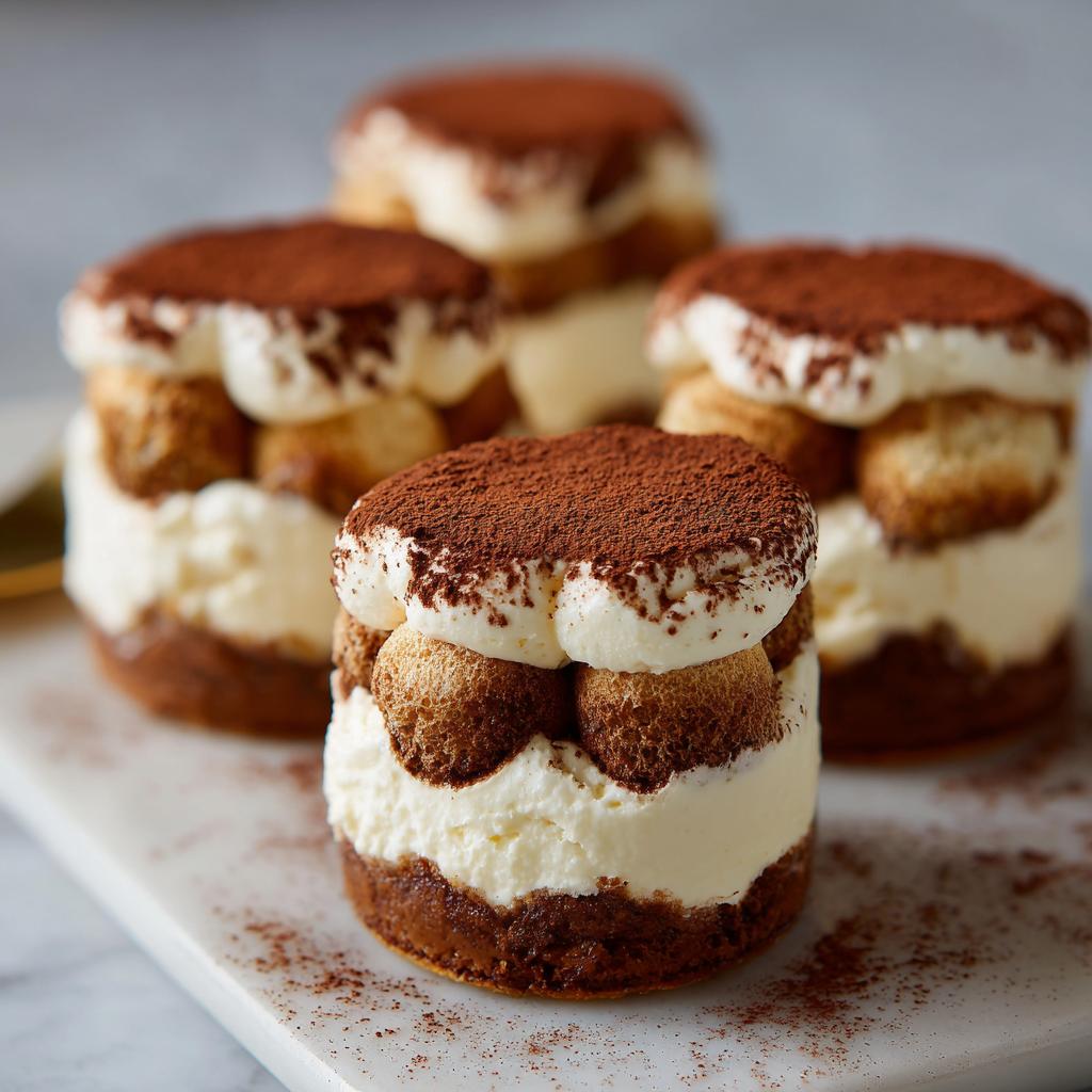 Four Snoopy tiramisu cups layered with cream, ladyfingers, and cocoa powder on a white marble surface.