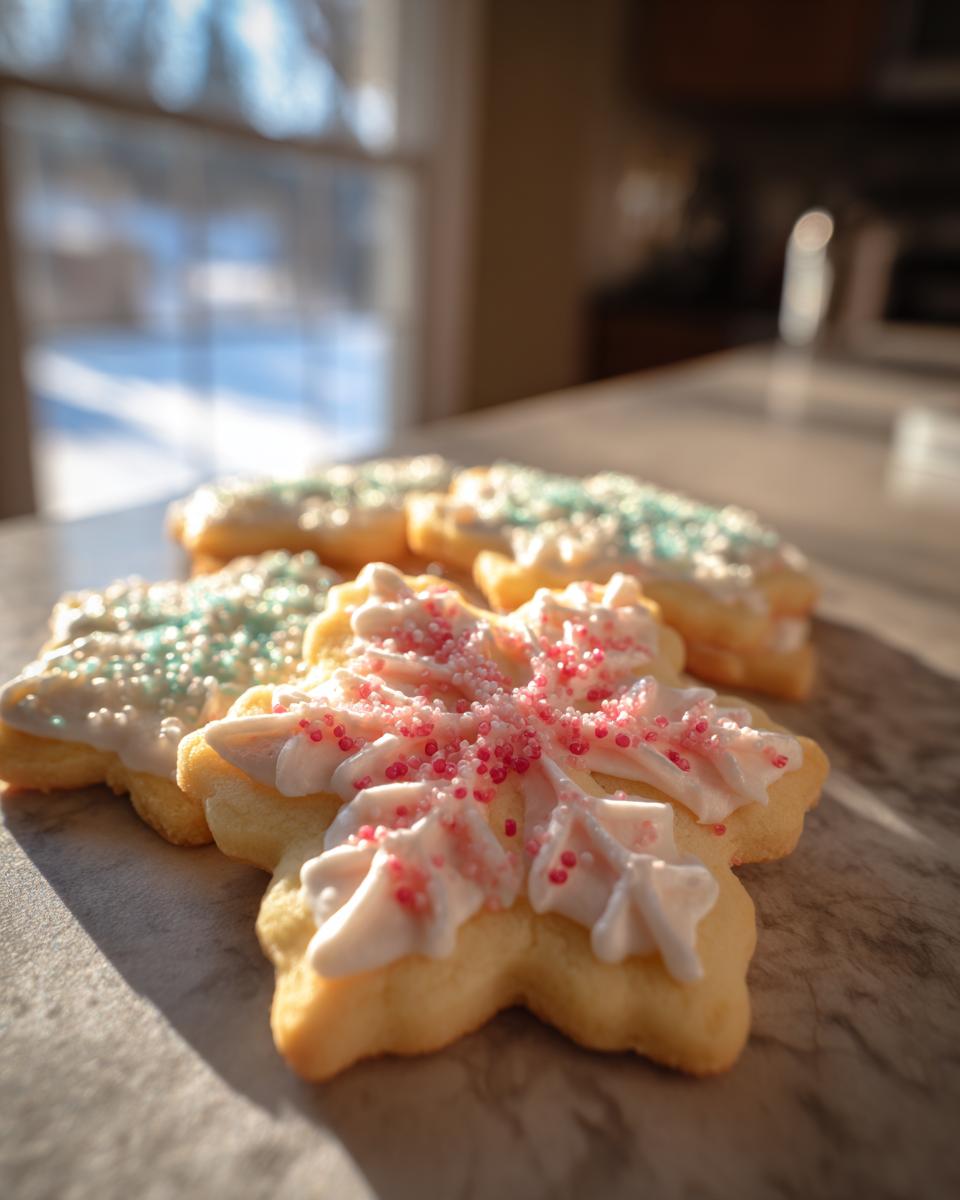 Close-up of snowflake shaped Christmas cookie recipes with white icing and red sprinkles.
