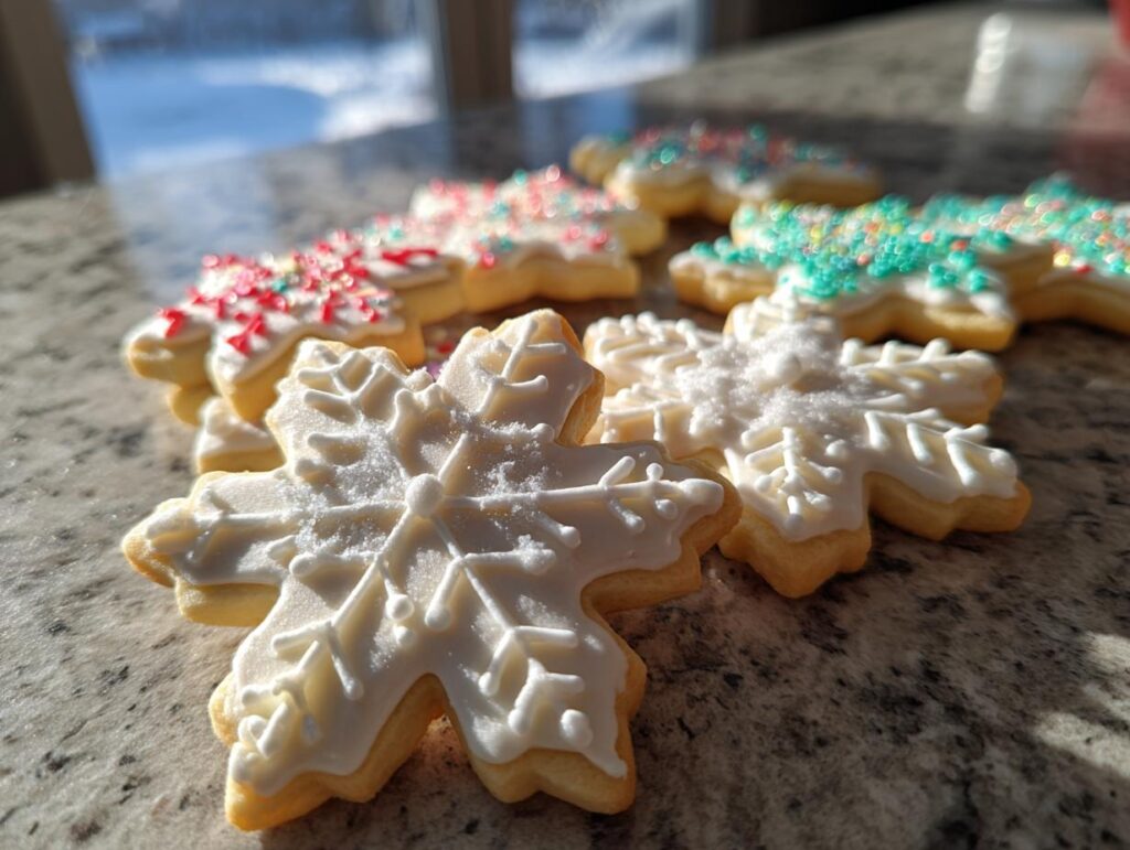 Close-up of snowflake-shaped Christmas cookie recipes decorated with white icing and colorful sprinkles.