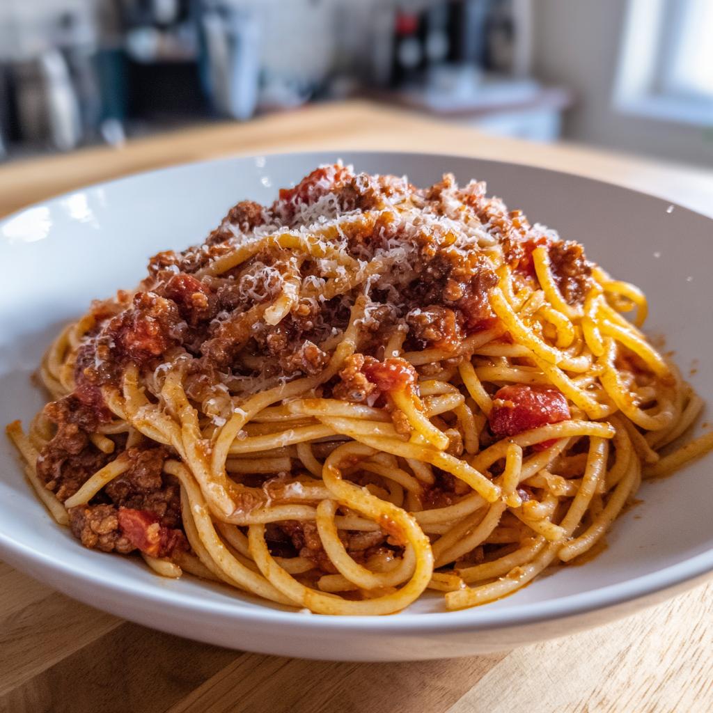 A delicious plate of spaghetti bolognese, showcasing one of the best pasta recipes with a rich meat sauce and parmesan.