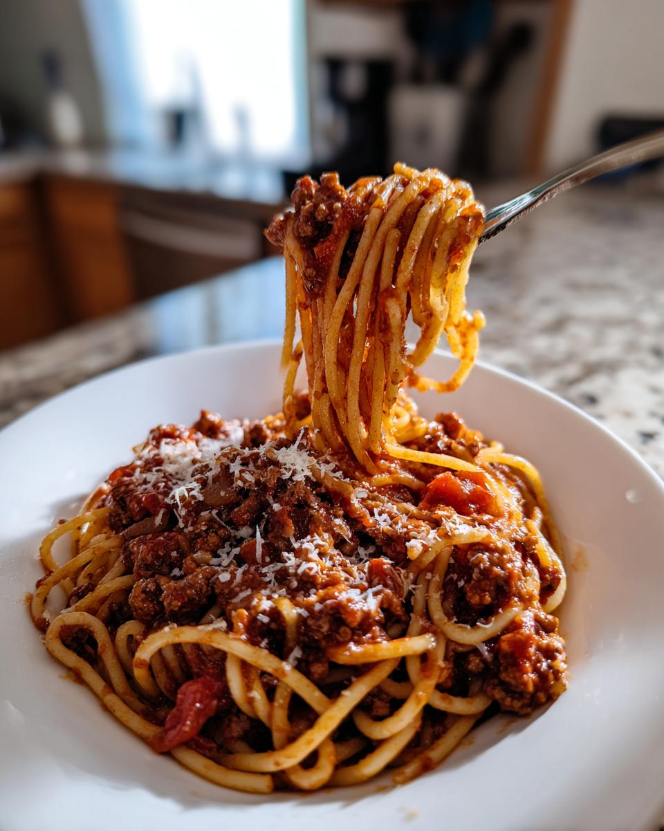 A fork lifts spaghetti with bolognese sauce from a bowl, showcasing one of the best pasta recipes.
