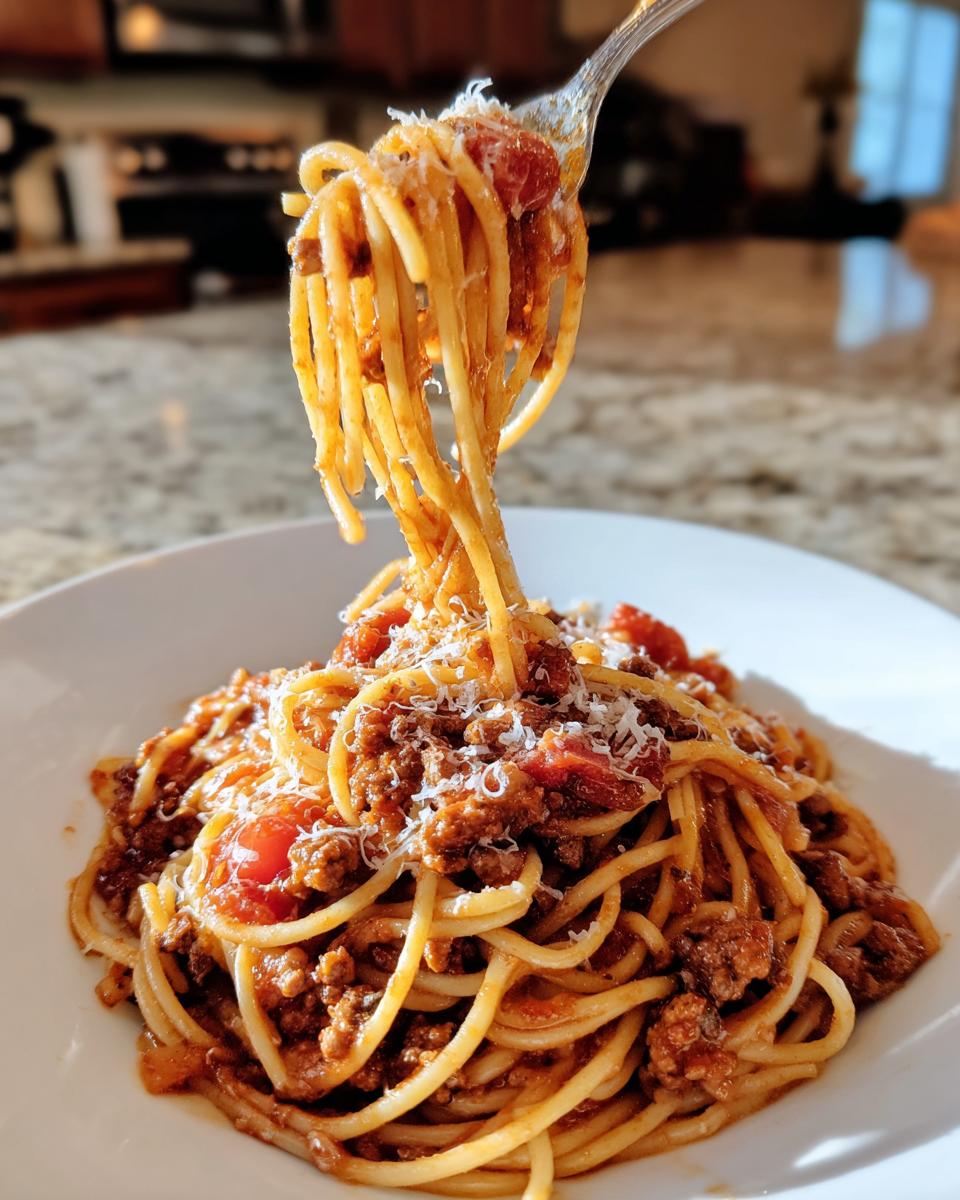 A fork lifts spaghetti with Bolognese sauce, showcasing one of the best pasta recipes. Topped with cheese.