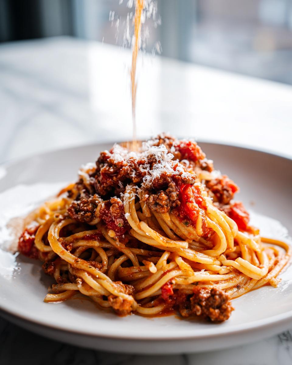Spaghetti Bolognese being sprinkled with cheese. One of the best pasta recipes.
