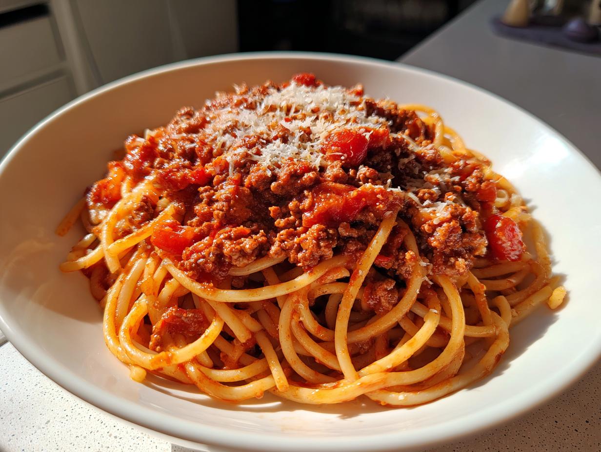 Bowl of spaghetti bolognese, a classic among the best pasta recipes, topped with meat sauce and parmesan cheese.