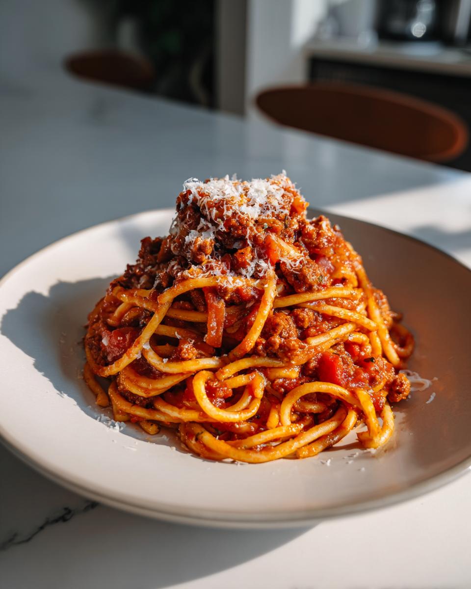 A plate of spaghetti with meat sauce and parmesan cheese, showcasing one of the best pasta recipes.