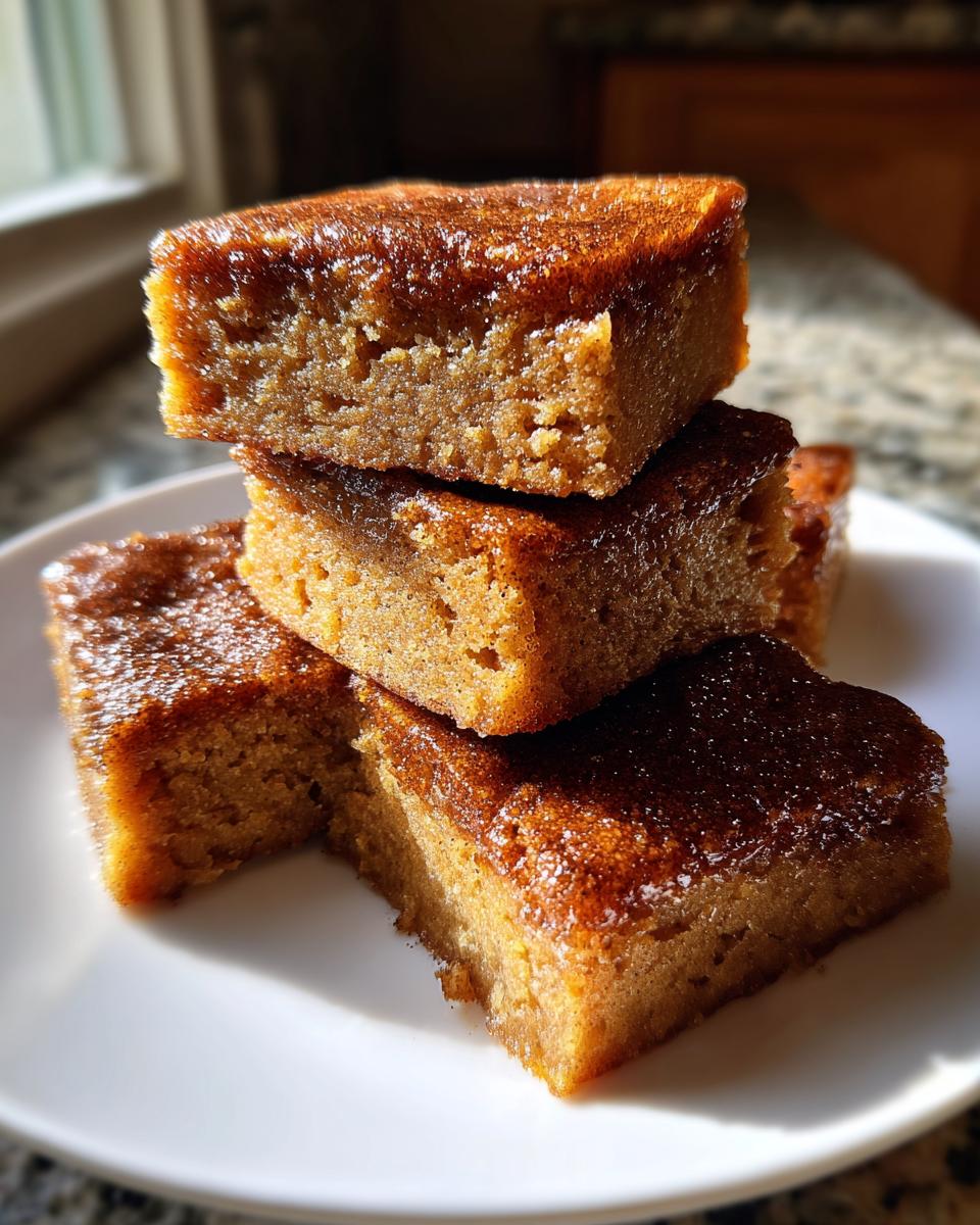 A stack of four Spiced Chai Snickerdoodle Blondies on a white plate, showcasing their golden-brown color and texture.