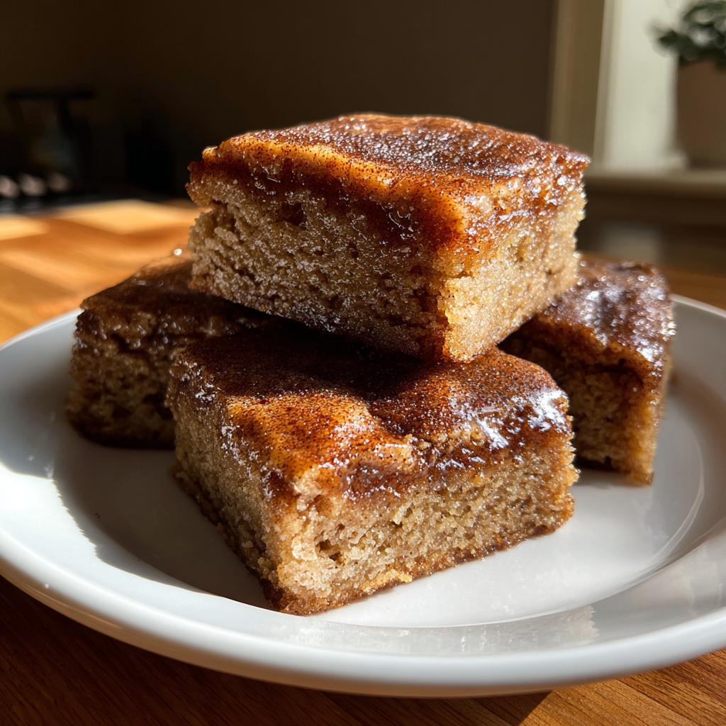 A stack of freshly baked Spiced Chai Snickerdoodle Blondies on a white plate, showcasing their golden-brown color and cinnamon sugar topping.