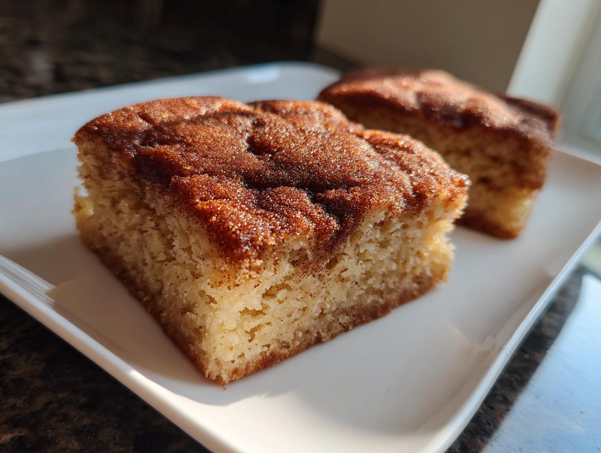 Two spiced chai snickerdoodle blondies on a white plate, showcasing their texture and cinnamon-sugar topping.