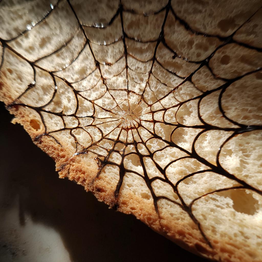 Close-up of bread decorated with a spiderweb design, a spooky Halloween snacks idea.