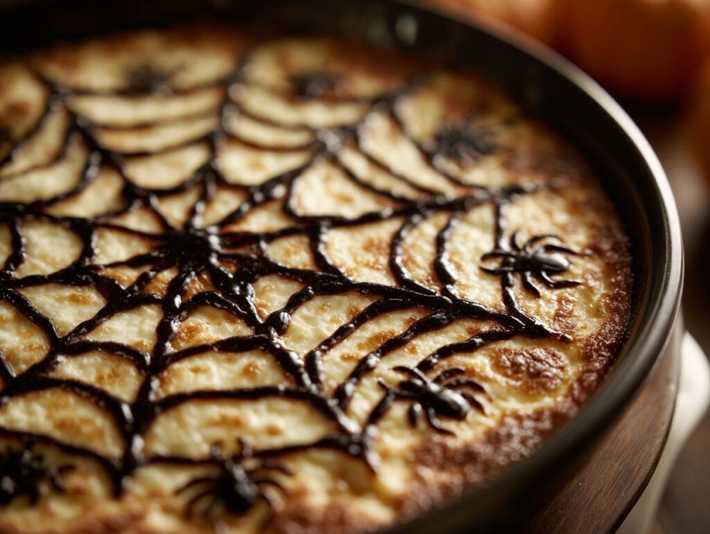 Spiderweb dip, a spooky Halloween snack decorated with chocolate spiderweb and spiders.