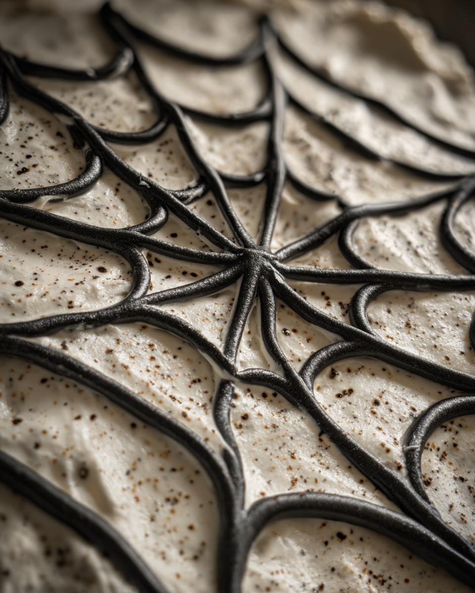 Close-up of a creamy dip decorated with a black spiderweb design, a spooky Halloween snacks idea.