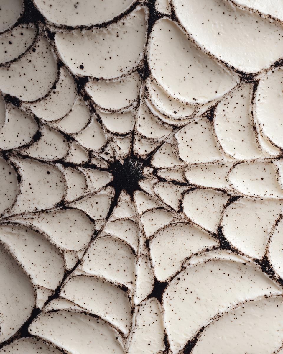 Overhead shot of a spiderweb design made with Oreo crumbs on a creamy dip, a spooky Halloween snacks idea.