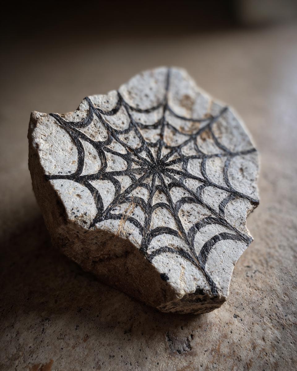 Stone with a spiderweb design, used for displaying Halloween snacks.