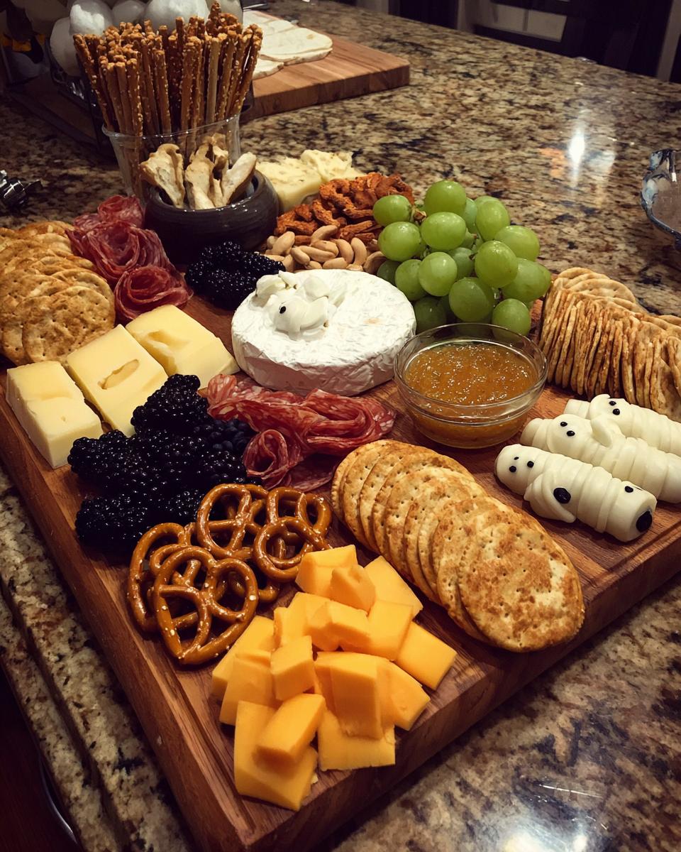 Overhead view of a spooky halloween charcuterie board featuring cheese, crackers, fruit, and spooky-themed decorations.