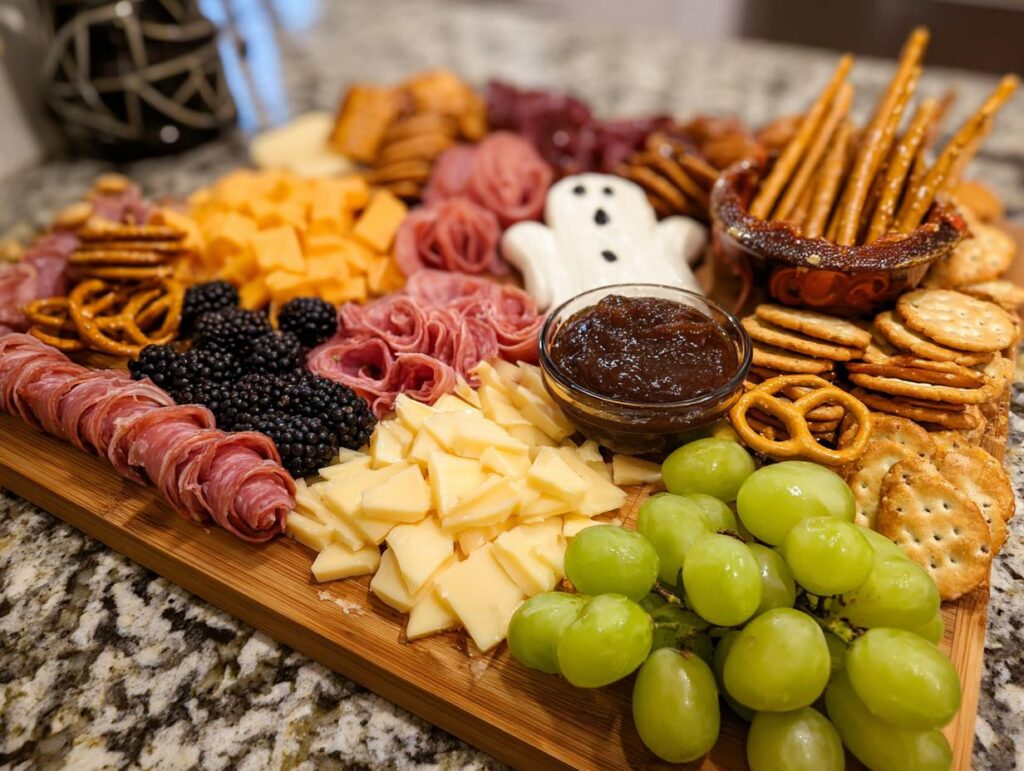 Overhead view of a spooky halloween charcuterie board with cheese, meats, crackers, fruit, and a ghost-shaped decoration.