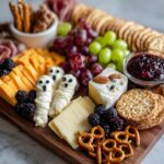 A spooky halloween charcuterie board featuring mummy cheese sticks, ghost cheese, blackberries, grapes, crackers, and pretzels.