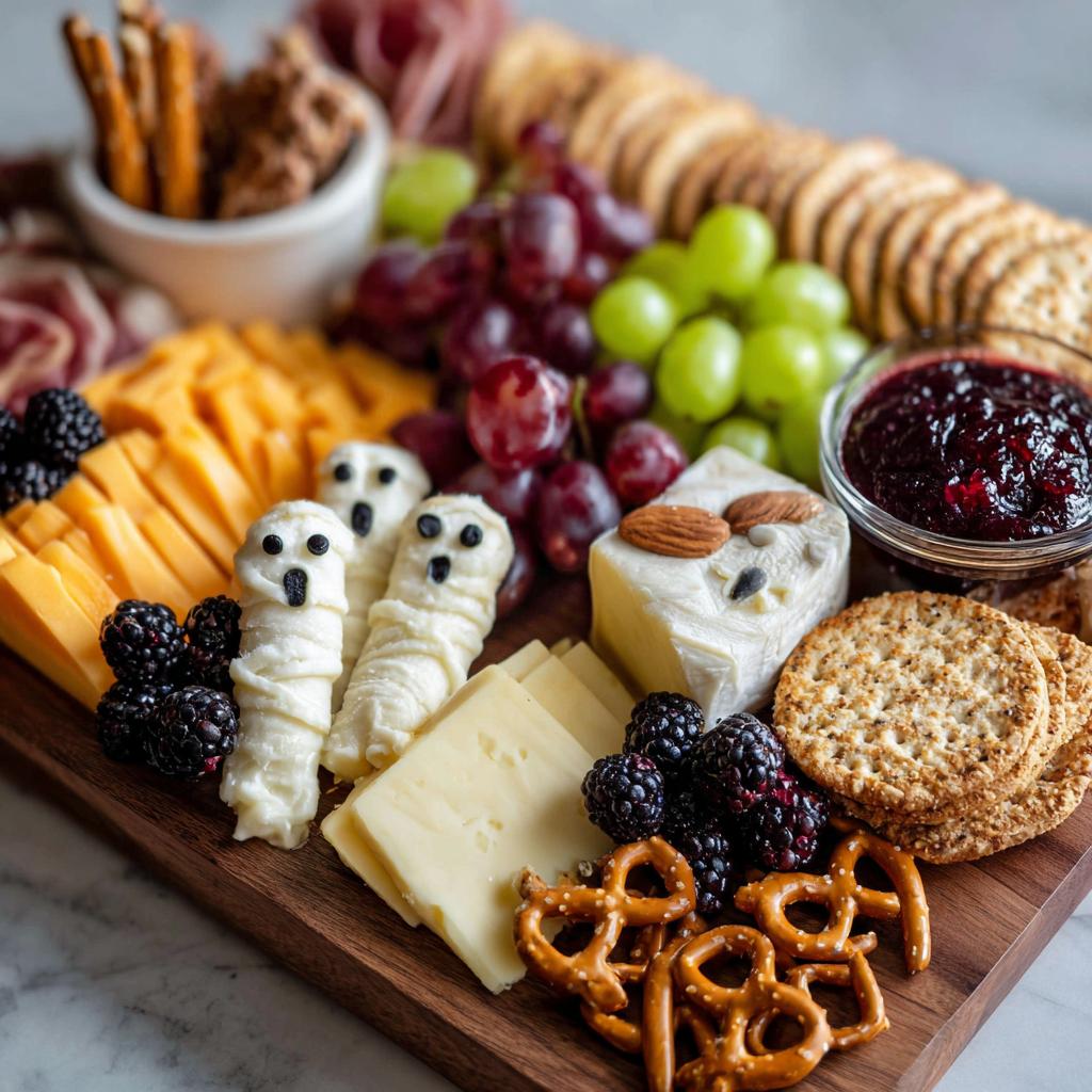 A spooky halloween charcuterie board featuring mummy cheese sticks, ghost cheese, blackberries, grapes, crackers, and pretzels.