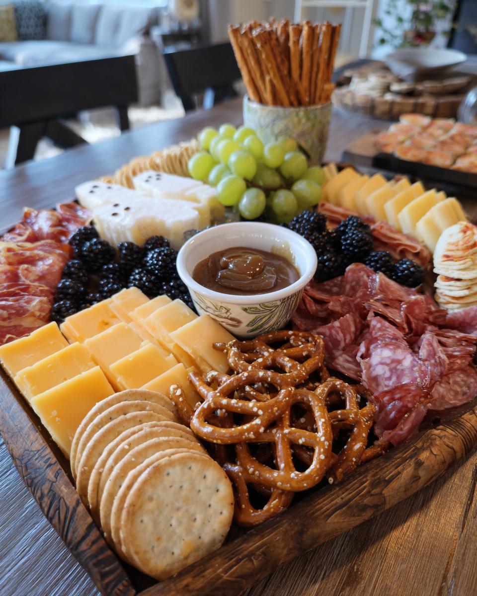 A spooky halloween charcuterie board featuring cheeses, meats, crackers, pretzels, grapes, blackberries, and a caramel dip.