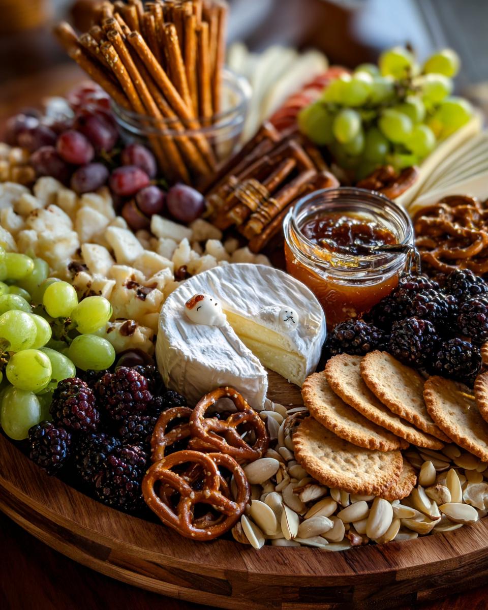 Overhead shot of a spooky halloween charcuterie board with cheese, crackers, fruit, pretzels and nuts.