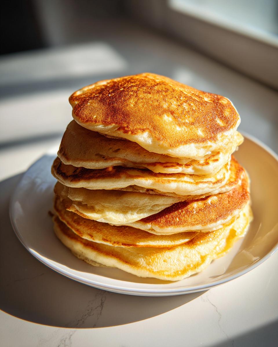 A stack of fluffy pancakes on a white plate, perfect for Family Breakfast Ideas.