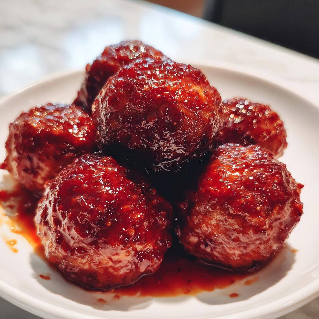 A plate of delicious Sticky Gochujang Honey Meatballs glazed in a vibrant red sauce.