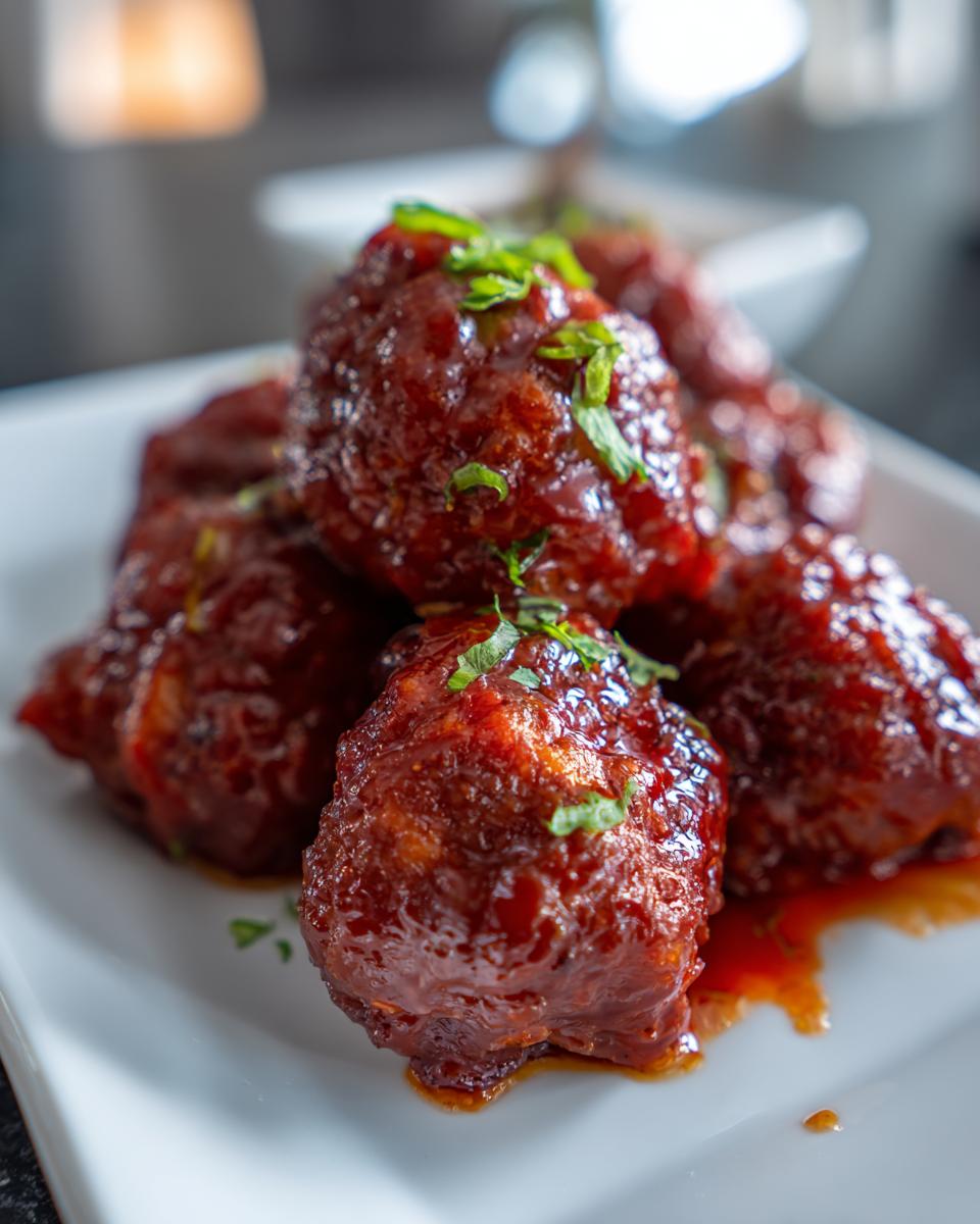 A close-up of Sticky Gochujang Honey Meatballs on a white plate, garnished with fresh herbs.