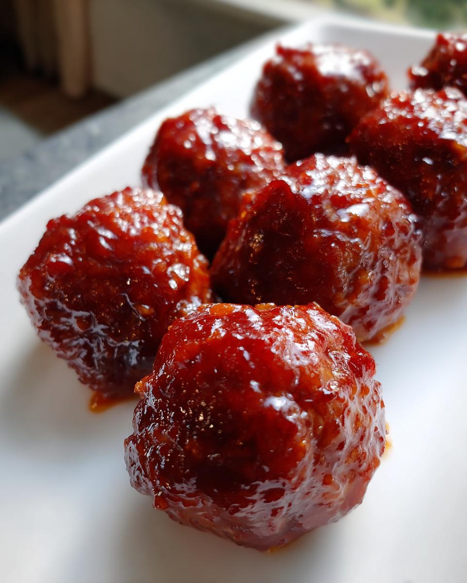 A close-up of several Sticky Gochujang Honey Meatballs arranged on a white plate, showcasing their glossy glaze.