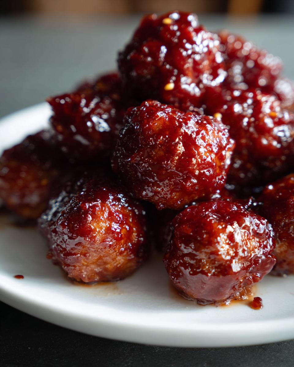 Pile of glistening Sticky Gochujang Honey Meatballs on a white plate, ready to be served.