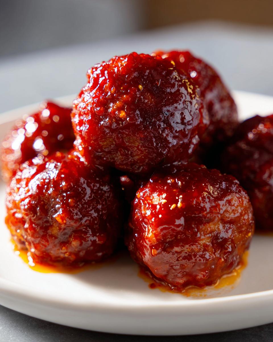 A close-up of several Sticky Gochujang Honey Meatballs stacked on a white plate, glistening with sauce.