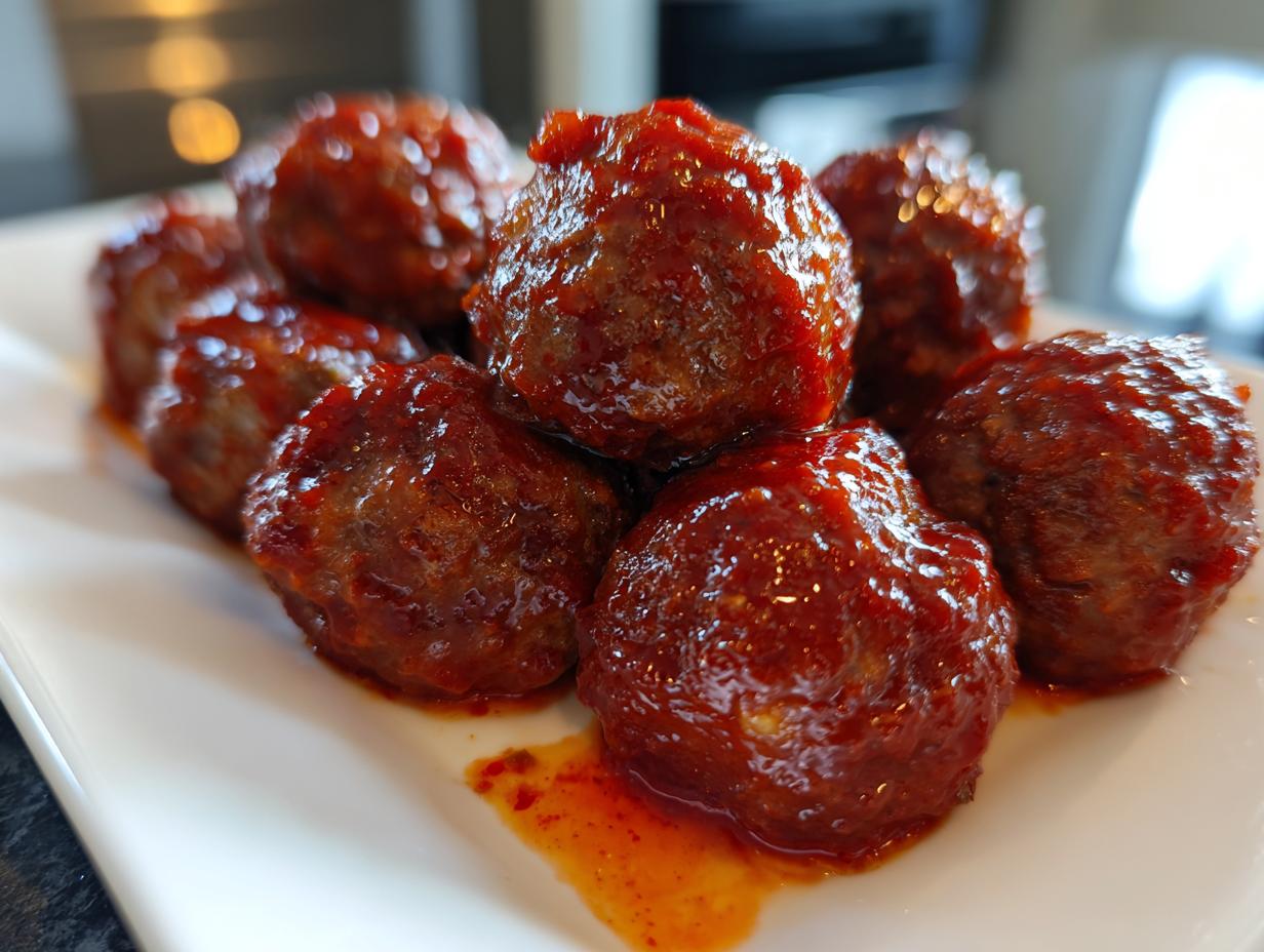 A close-up of a plate of glistening Sticky Gochujang Honey Meatballs, coated in a vibrant red sauce.