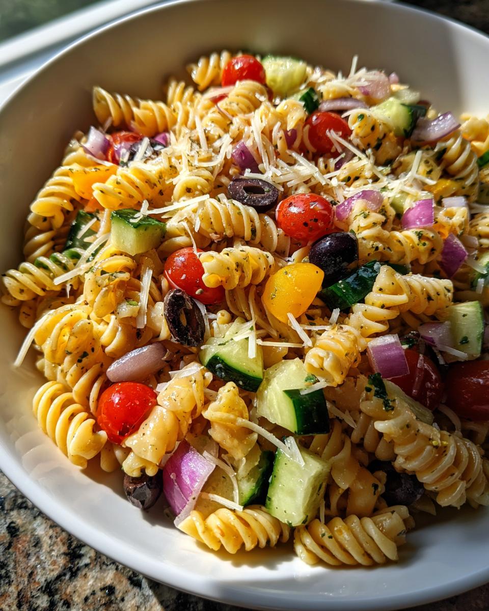 Bowl of pasta salad, a perfect summer dinner recipes, with rotini, tomatoes, cucumbers, olives, and red onion.