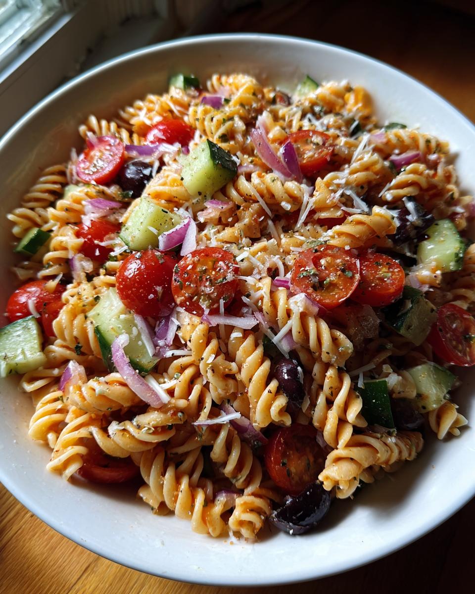 Close-up of a colorful pasta salad, a perfect choice for summer dinner recipes, with tomatoes, cucumbers, and red onions.