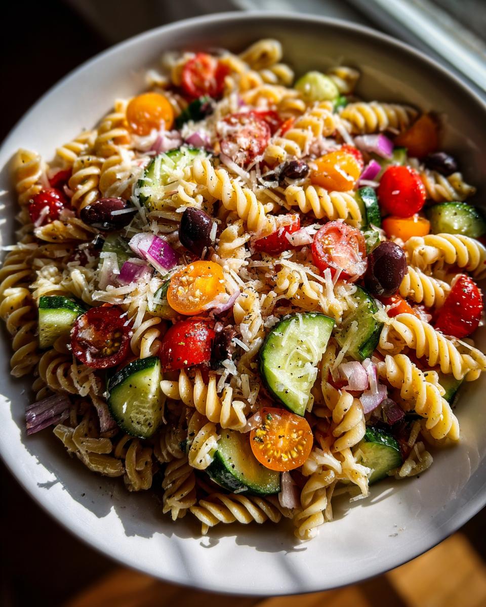 A vibrant bowl of pasta salad, featuring rotini pasta, tomatoes, cucumbers, olives, and red onion. Perfect for summer dinner recipes.
